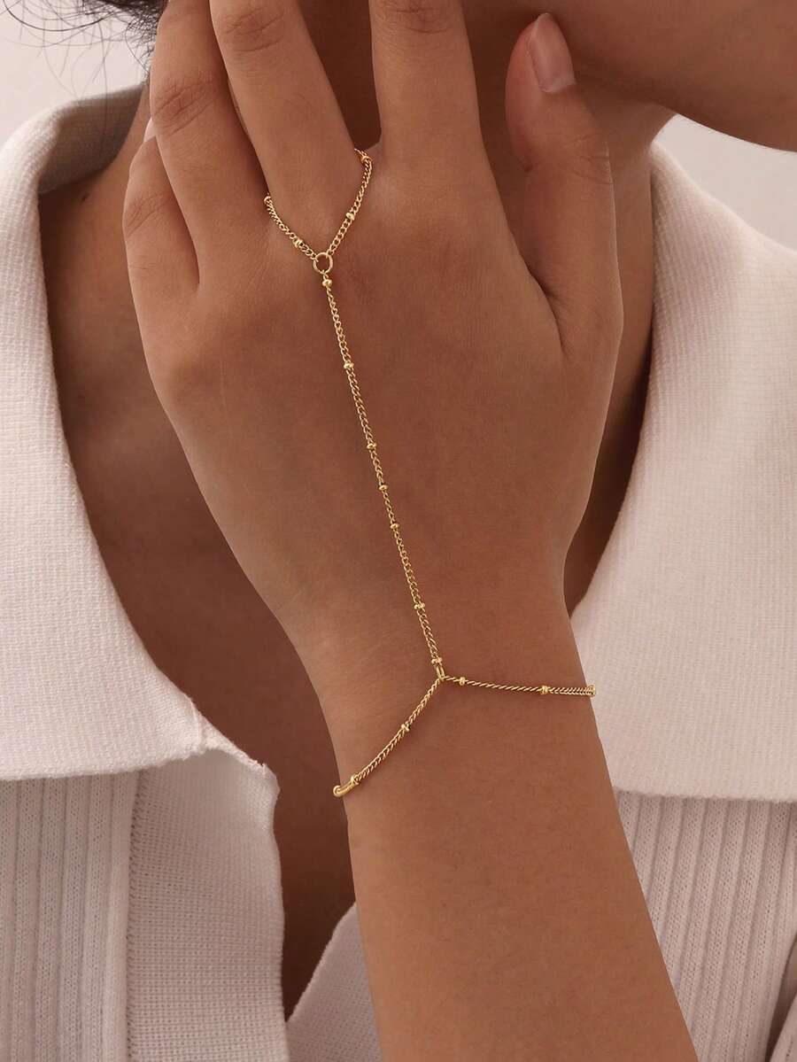 1pc Minimalist Bracelet & Ring Set Accessory (Beads Randomly Placed) - Gold - View 1