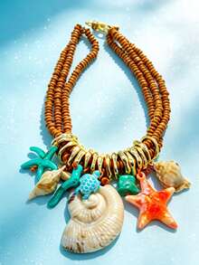 Dây chuyền nữ phong cách Boho lấy cảm hứng từ đại dương, vòng cổ nhiều lớp bằng gỗ đính hạt với mặt dây chuyền hình vỏ sò, sao biển và rùa, trang sức mùa hè đi biển. - Nhiều màu - Xem 8