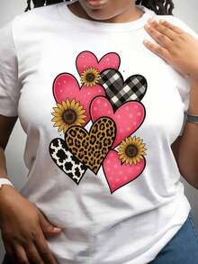 Camiseta de manga corta TrendyWomen con varios diseños de estampado de corazones, camiseta casual de manga corta, ropa de mujer, top casual de manga corta con cuello redondo para primavera y verano, camiseta casual de manga corta para uso diario en primavera y verano. - Blanco - Ver 2