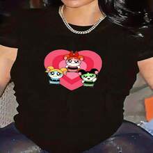 Women's Tropical Print T-Shirt With Powerpuff Girls Heart Design, Short Sleeve, Round Neck, Retro Casual Sporty Style, Elastic For Everyday Wear, Ideal For Daily Outings, Comfortable, Soft, And Breathable Garment, High Quality And Comfortable Casual Fit. S-XXXL - 黑色 - 查看 1