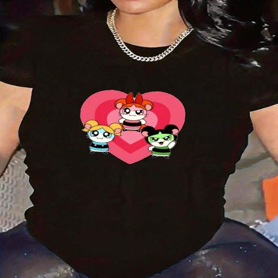 Women's Tropical Print T-Shirt With Powerpuff Girls Heart Design, Short Sleeve, Round Neck, Retro Casual Sporty Style, Elastic For Everyday Wear, Ideal For Daily Outings, Comfortable, Soft, And Breathable Garment, High Quality And Comfortable Casual Fit. S-XXXL - 黑色 - 查看 1