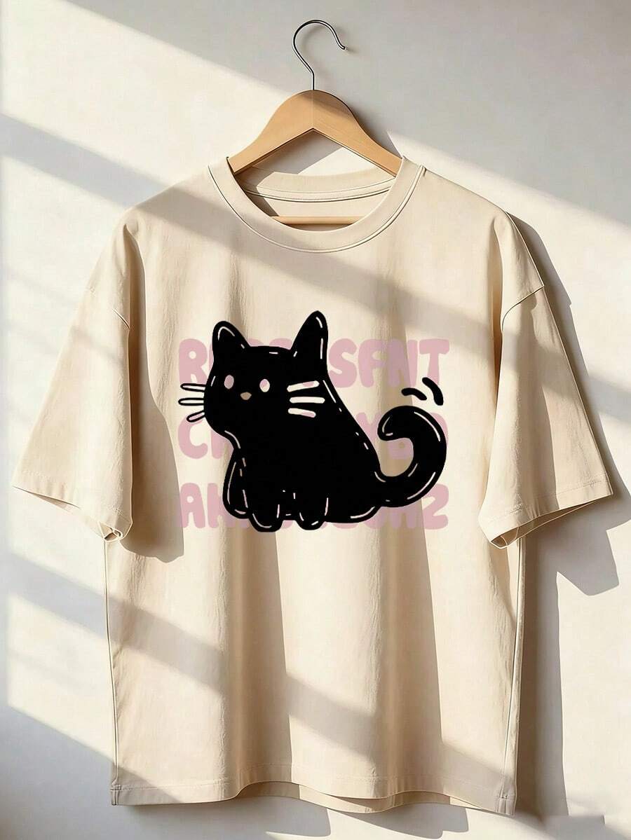Funny Black Cat T-Shirt With Pink Text Background, Short-Sleeve T-Shirt For Spring/Summer 2026, Made In Mexico, 180 Grams. Cartoon Print, Couple Design, Suitable For Indoor Or Outdoor Wear. Crew Neck, Unisex, Ideal For Office And Leisure. One-Pack. - APR-P631577SLNDXZGY640 - 查看 1