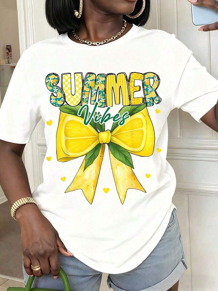 1pcs Women's Tops Summer T-Shirt With Summer Vibes Lemon Bow Print Casual Round Neck Short Sleeve Tee For Summer Days Perfect Gift For Herplayeras De Mujer - 白色 - 查看 1