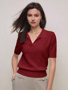 Nuevo suéter de primavera/verano con cuello polo verde, de punto de diamante y manga corta.Elegante y chic para el día a día en la ciudad.Versátil, romántico y con estilo retro de los 90.Adecuado para Navidad, Año Nuevo, San Valentín, fiestas, - Rojo - Ver 1