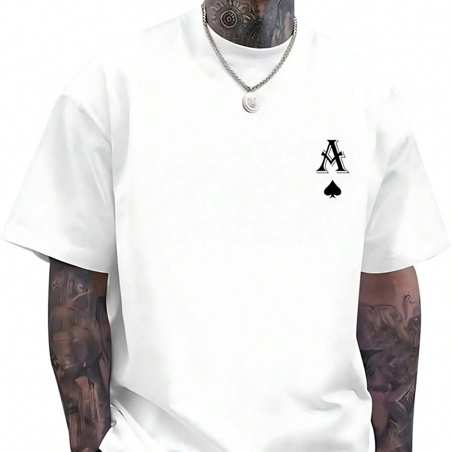 Men's Vintage Loose Fit Printed T-Shirt, Ace Of Spades Design, Streetwear Rapper Style, Casual White Blouse - White - View 1