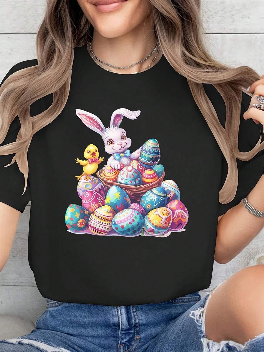 Camiseta Deportiva Casual para Mujer con Ilustración Colorida de Conejo y Pollito - Camiseta Negra Elástica de Cuello Redondo, Lavable aáquina, Ajuste Cómodo y Perfecta para Todas las Estaciones, para Uso Diario y Actividades Informales. - Negro - Ver 1