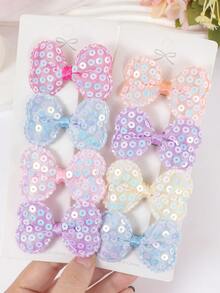 8pcs Random Candy Color Iridescent Sequin Bow Hair Clips, 3D Padded Lace Edge Side Bangs Clips, Cute Girls Daily & Party Hair Accessories - Multicolor - View 8