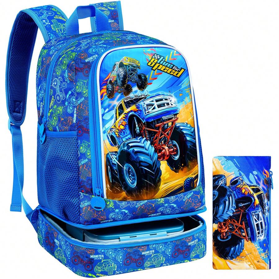 Mochila infantil 2 en 1 para niños, mochila escolar de 17" con compartimento inferior incorporado para el almuerzo, mochila resistente al agua para preescolar y primaria - Camión azul dinámico de doble tracción - Mochila para mujer de 16 pulgadas - Ver 1