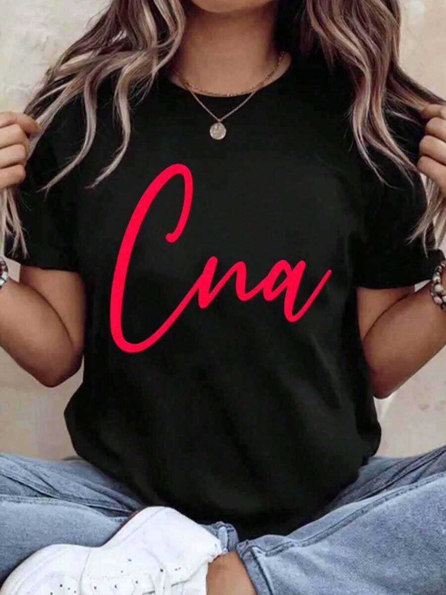 Cna Certified Nursing Assistant Shirt For Women T-Shirt With Pink Cursive Text Medical Profession Gift For Nurses Healthcare Worker Apparel,220g-Vintage Street Style Unisex Loose Cotton Short Sleeve Crew Neck T-Shirt100%Cotton - 黑色 - 查看 1