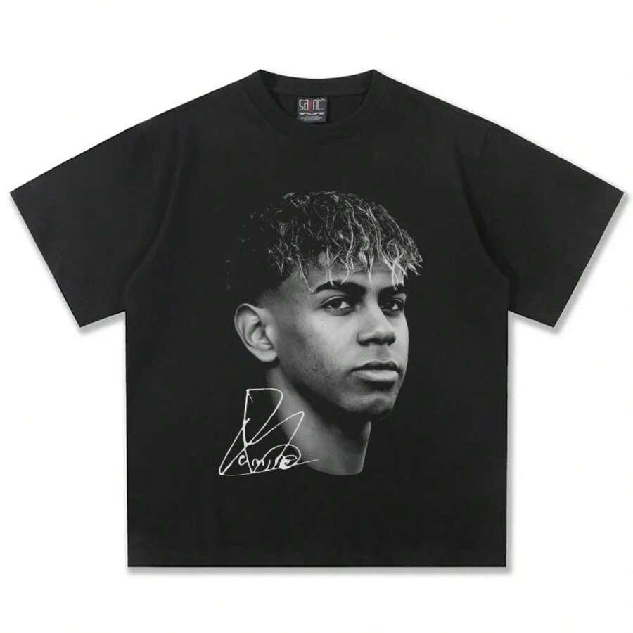 Camiseta Yamar Vintage de Algodón para Hombre y Mujer, Corte Holgado, Cuello Redondo, Manga Corta, Transpirable, Estampada, para EE. UU. y la UE - Negro - Ver 1
