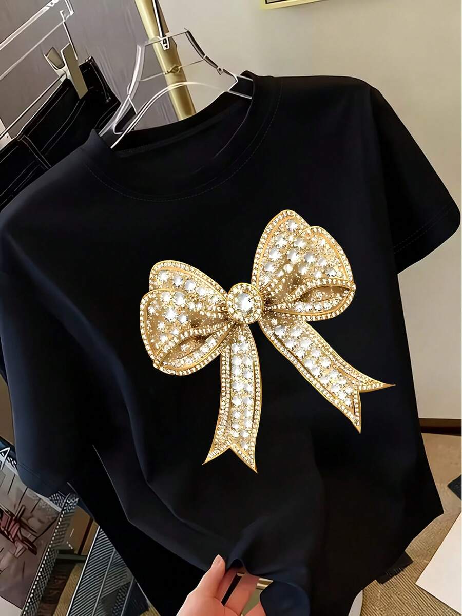 Women's T-Shirt With Bow Print Y2K - Short Sleeve T-Shirt With Round Neck And Shiny Decorative Pattern, Casual Spring/Summer Top With Round Neck, Women's T-Shirt, Regular Fit - 1 - 查看 1