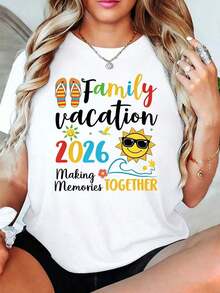 Camiseta de manga corta con cuello redondo y estampado de letras "Vacaciones Familiares 2026 Creando Recuerdos JUNTOS", Camiseta temática de Vacaciones Familiares 2026 para mujer, Conjuntos de verano decorados con eslogan de chanclas, Camiseta casual de algodón de manga corta de gran tamaño para mujer, Tops de moda para mujer, Tops de verano, Camiseta de corte holgado, Atuendo diario. - Blanco - Ver 1