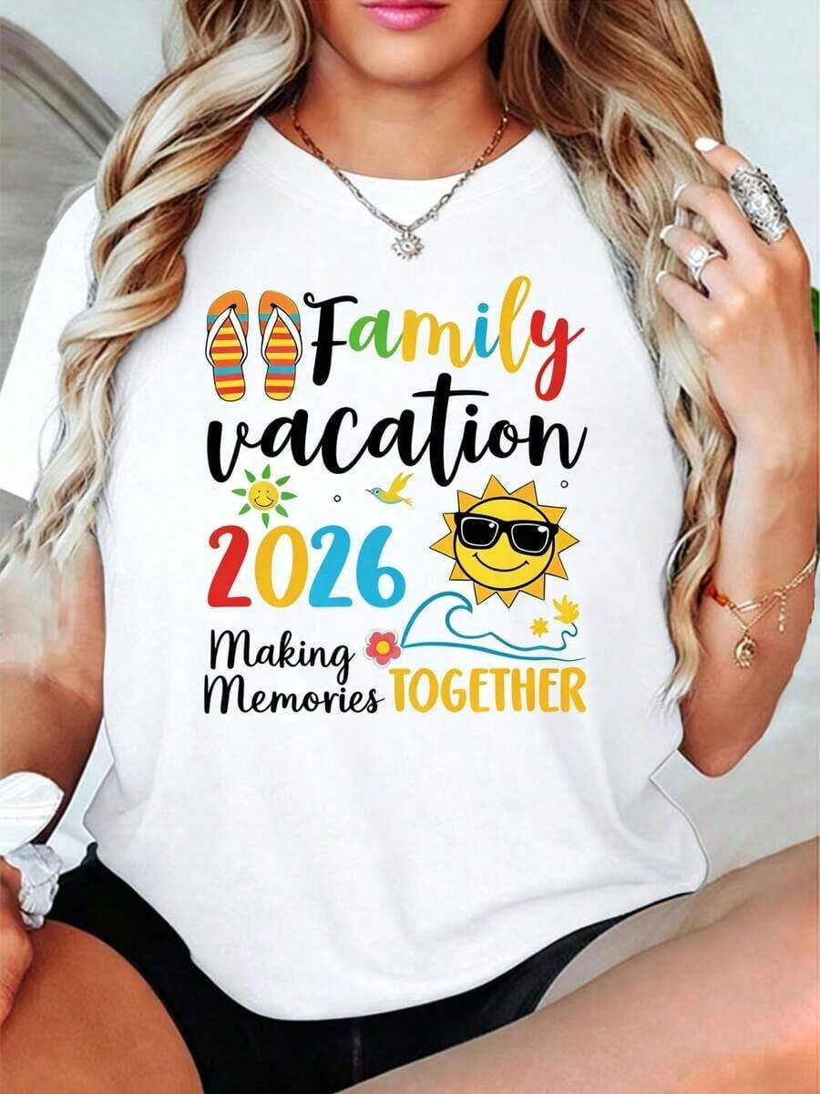 Camiseta de manga corta con cuello redondo y estampado de letras "Vacaciones Familiares 2026 Creando Recuerdos JUNTOS", Camiseta temática de Vacaciones Familiares 2026 para mujer, Conjuntos de verano decorados con eslogan de chanclas, Camiseta casual de algodón de manga corta de gran tamaño para mujer, Tops de moda para mujer, Tops de verano, Camiseta de corte holgado, Atuendo diario. - Blanco - Ver 1