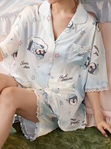 Gongdie Bộ đồ ngủ nữ 2 món, bộ đồ ngủ ngắn tay mùa hè, họa tiết chim cánh cụt và viền ren, đồ mặc nhà mềm mại, dễ thương. - Xanh và trắng - Xem 5