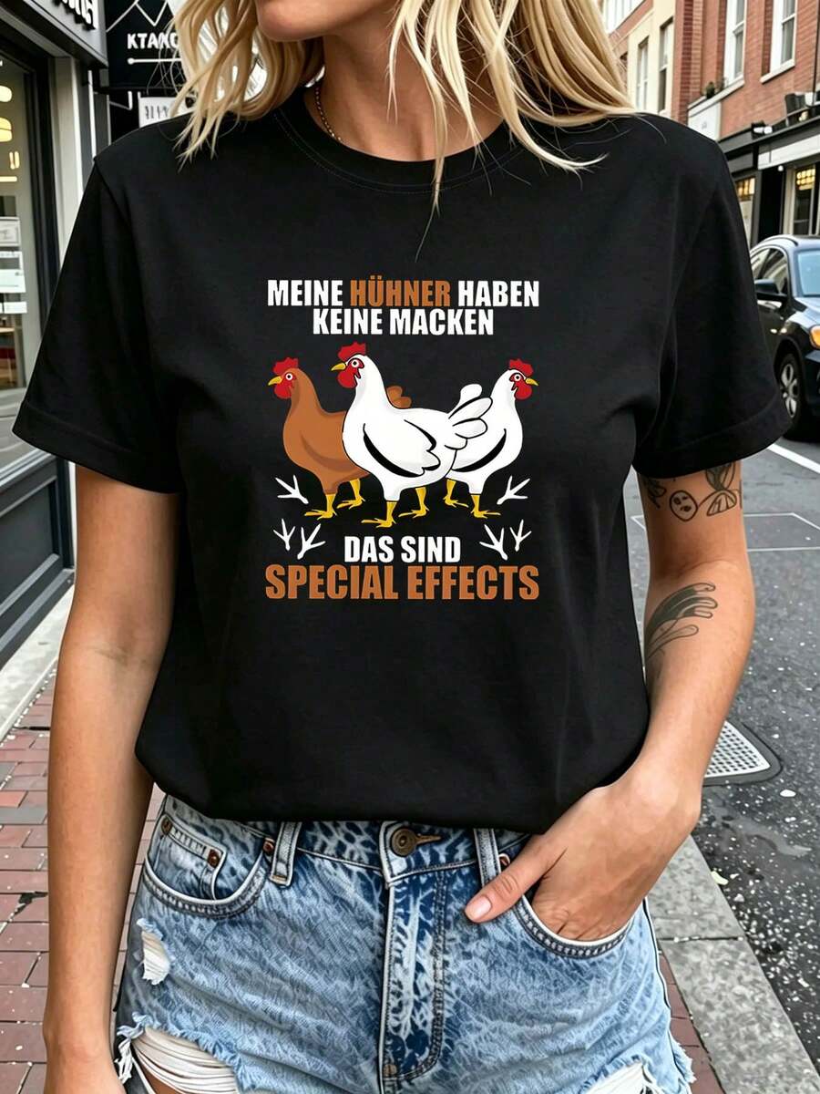 My Favorite T-Shirt For Chicken Lovers: "My Chickens Have No Flaws, These Are Special Effects." Women's Short-Sleeved Crew Neck T-Shirt With A Fun Cartoon Chicken Design. Perfect For Everyday Wear And Any Hobby. - 黑色 - 查看 1