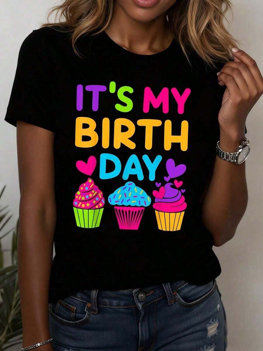 Plus Size Women's "It's My Birthday" Cupcake Print T-Shirt, Breathable, Crew Neck, Short Sleeve, Regular Fit, Machine Washable, Fan Gifts, Religious T-Shirts, Ideal Gift Options, Women's Blouses. - 黑色 - 查看 1