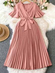 Vestido largo de mujer con estilo informal, lazo, pliegues y manga corta - Albaricoque - Ver 6