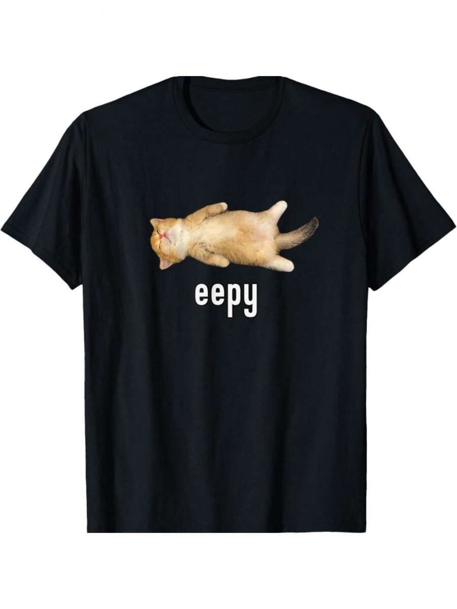 Camiseta Casual de Poliéster para Hombre - Estampado de Gato Vibrante, Cómoda y Transpirable, Esencial para el Verano, Diseño Negro "Eepy", Corte Holgado, Lavable a Máquina - Negro - Ver 1