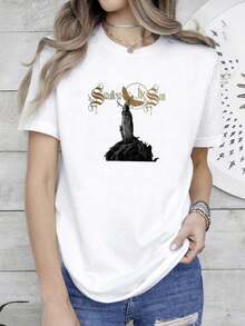 Camiseta de mujer oversize de manga corta con estampado "Swallow The Sun Inside The Night", 100% algodón. - Blanco - Ver 1