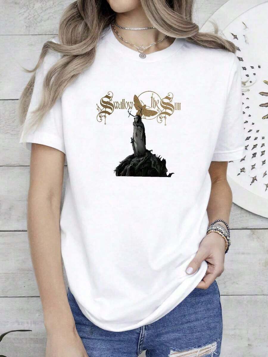 Camiseta de mujer oversize de manga corta con estampado "Swallow The Sun Inside The Night", 100% algodón. - Blanco - Ver 1