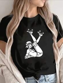 Short-Sleeved T-Shirt, Printed With A Roller Skating Design, Lightweight And Durable, Suitable For Casual Wear At Home, In Cafes Or During Outdoor Activities. - 白色 - View 7