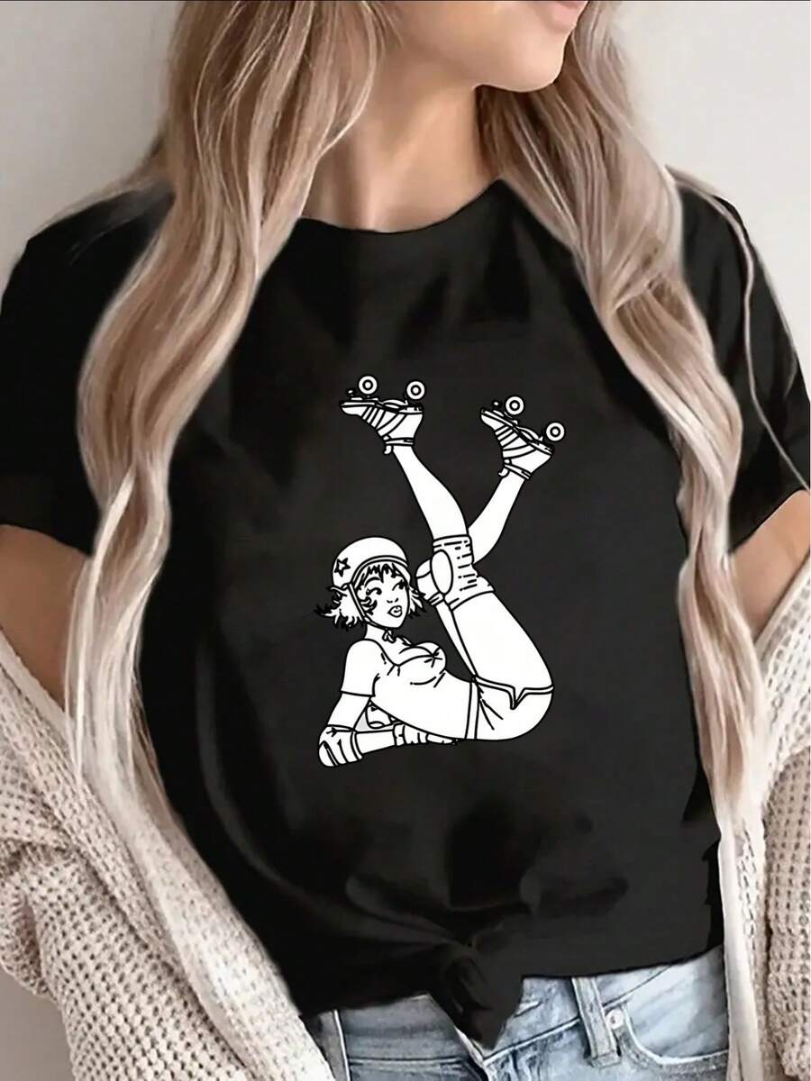 Short-Sleeved T-Shirt, Printed With A Roller Skating Design, Lightweight And Durable, Suitable For Casual Wear At Home, In Cafes Or During Outdoor Activities. - 黑色 - View 1