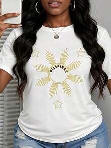 Women's Casual Short-Sleeved T-Shirt, Oversized, White, With Philippines Sun And Stars Print, For Everyday Wear And Celebrating National Pride, 100% Cotton. - 白色 - 查看 2