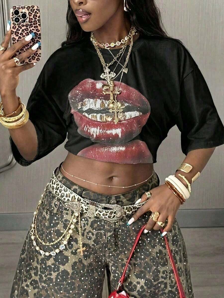 Women's Summer 2026 T-Shirt, Vintage Casual Streetwear Style Y2K Hippie Old Money, With Lip Graphics, Oversized White T-Shirts, Loose And Comfortable For Women - 黑色 - 查看 1