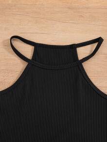 Conjunto de 3 piezas para niñas preadolescentes, vestido ajustado sin mangas con cuello halter de unicolor y textura acanalada - Rosa Fucsia - Ver 7