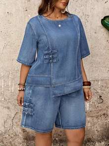 Mature Denim Conjunto informal de 2 piezas de talla grande para mujer con top de cuello redondo y mangas al codo, y shorts con bolsillo de mezclilla - Azul lavado medio - Ver 5