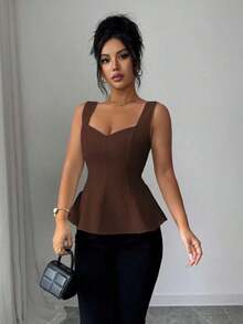 Top de tirantes con cuello de corazón, abertura frontal en la cintura y línea A sin mangas, estilo francés retro elegante para ir al trabajo, negocios, vacaciones, casual, versátil, nueva llegada de primavera/verano - Café integral - Ver 4