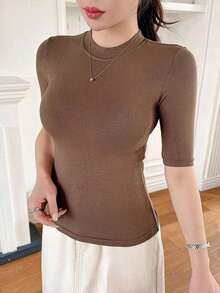 Camiseta de mujer de verano con cuello alto, manga corta, ajuste ceñido, envolvente, sexy, sencilla, versátil, casual, todo a juego - Marrón - Ver 5