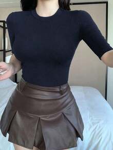Camiseta casual de mujer con cuello alto, manga corta, ajustada, con cierre cruzado delantero, sólida y sexy.Versátil para usar en verano, estilo preppy. - Niebla azul - Ver 5