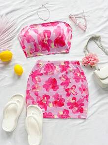 con estampado floral Top bandeau & Falda ajustada - Multicolor - Ver 9