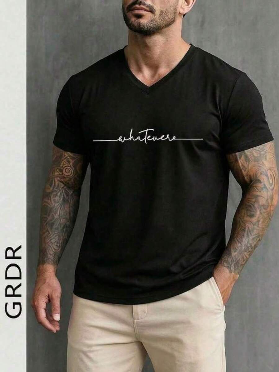 Camiseta Casual de Manga Corta con Cuello en V y Estampado de Letras para Hombre GRDR - Negro - Ver 1