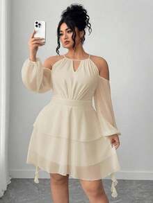 Vestido de mujer de unicolor con hombros descubiertos, cuello con abertura y mangas farol - Albaricoque - Ver 1
