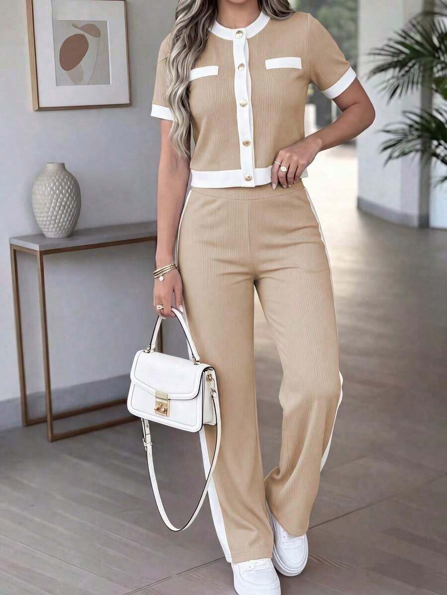 Conjunto casual de 2 piezas para mujer primavera/verano, diseño de bolsillo falso con botones de color contrastante, cuello redondo, manga corta y pantalones de cintura alta con ajuste relajado, elegante - Caqui 100+ Blanco - Ver 1