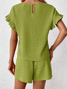 Top de manga con volante & Shorts de cintura con cordón - Verde lima - Ver 2