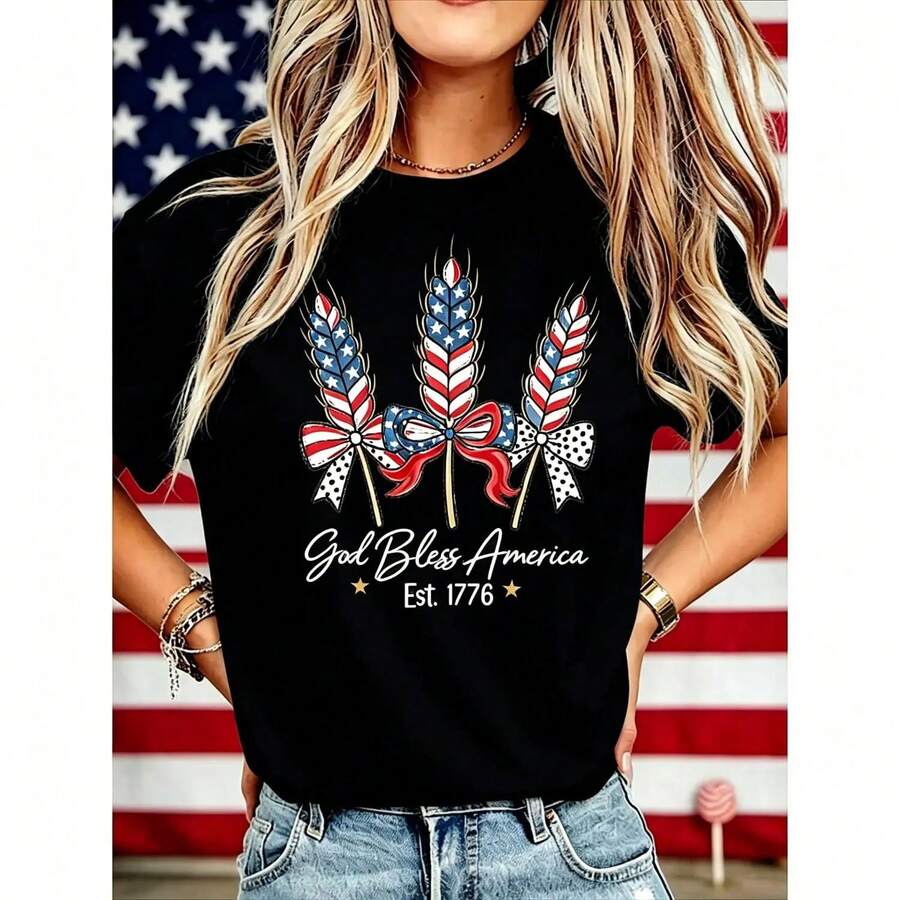 Women's "God Bless America" T-Shirt, 250 Years Of America, 250th Anniversary Of The USA, Gift T-Shirt For Independence Day, 4th Of July, Cotton T-Shirt For Men And Women - 1776-黑 - 查看 1