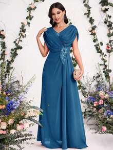 Vestido con flores 3D bordadas para novia, madre de la novia, moda de primavera y verano para fiesta, cita, vacaciones, boda, celebridad, con cintura elegante y falda amplia, para el Día de San Valentín - Niebla azul - Ver 4