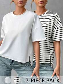 Camiseta básica minimalista de mujer de algodón suave, con parte delantera corta y parte trasera larga, estilo elegante adecuado para salidas, combinaciones, viajes, vacaciones, playa, fiestas, cumpleaños, festivales de música - Multicolor - Ver 12
