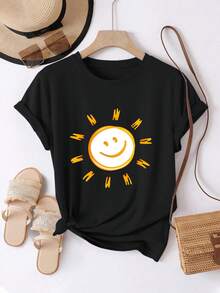Camiseta de manga corta con cuello redondo para mujer, cómoda y casual, con estampado de cara sonriente, cálida y con diseño, de longitud regular, adecuada para todas las estaciones, moda diaria para primavera y verano. - Negro - Ver 6