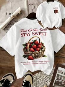 Women's Short Sleeve T-Shirt With Strawberry Basket And Letter Print, Round Neck, American Vintage Style, Casual, For Summer, White QARC - 白色 - 查看 2