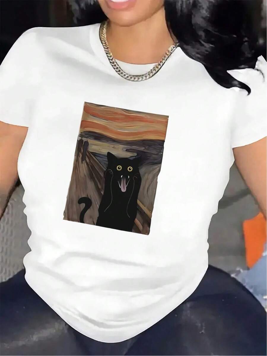 Camiseta de manga corta con estampado artístico de gato chirriante, hecha de tela ligera y duradera, adecuada para uso casual en casa o en restaurantes, cómoda y ajustada para el uso diario. Camiseta de manga corta cómoda y versátil. - Blanco - Ver 1