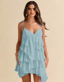 Women's Short Dress With Layered Ruffles, Thin Straps, V-Neck, Summer Fashion - Light Blue - View 1