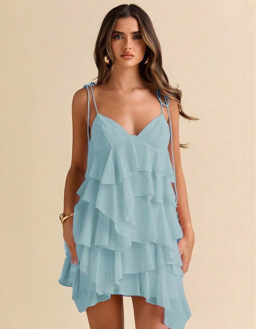 Women's Short Dress With Layered Ruffles, Thin Straps, V-Neck, Summer Fashion - Light Blue - View 1
