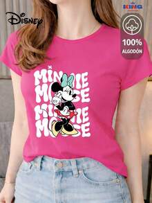 Women's T-Shirt Made Of 100% High-Quality Cotton. This T-Shirt Guarantees Exceptional Softness To The Touch, A Round Neck With A "Disney Minnie Mouse Retro Typography" Print, And Short Sleeves. - 紫紅色-Est-白色 - 查看 1