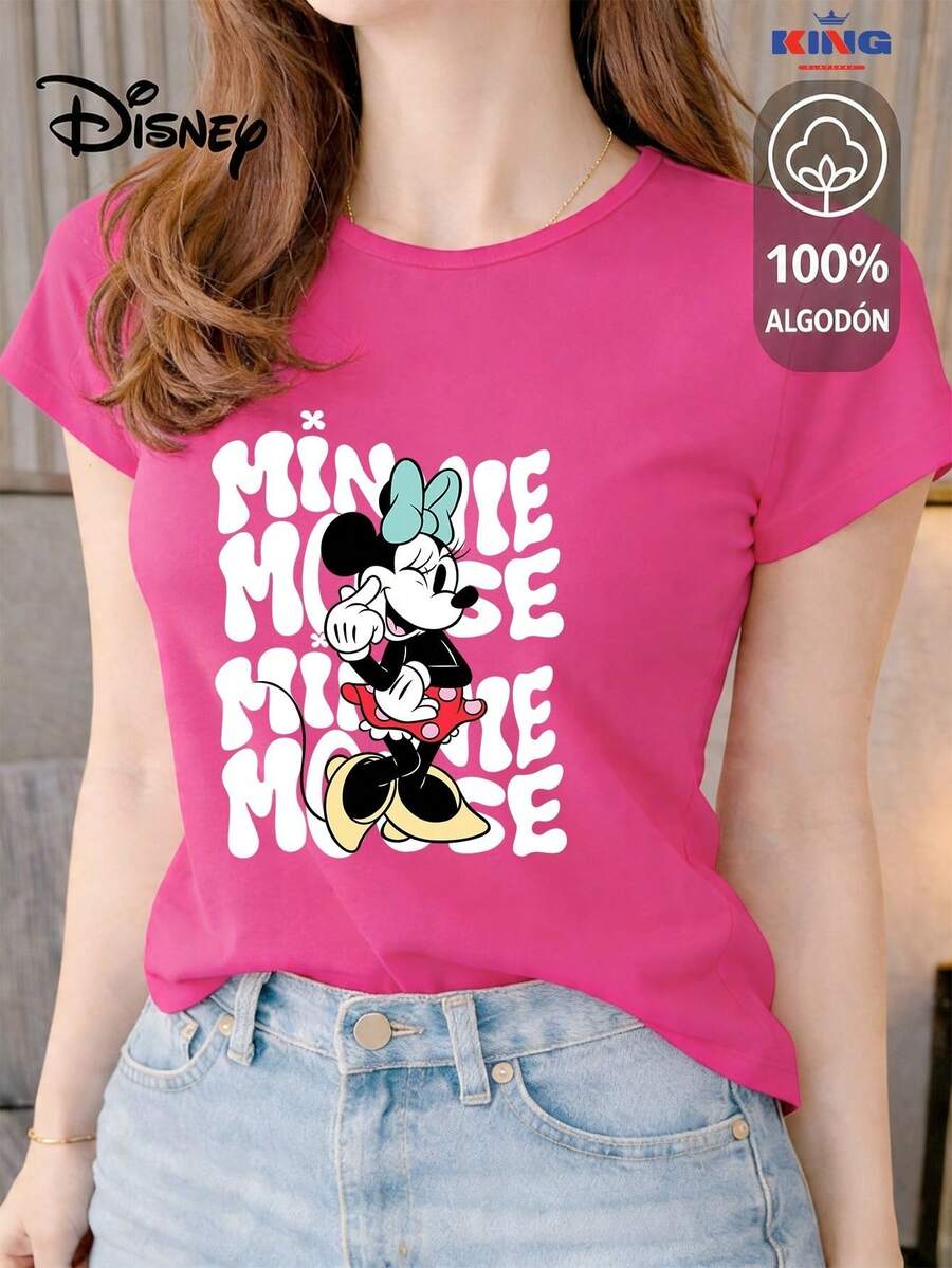 Women's T-Shirt Made Of 100% High-Quality Cotton. This T-Shirt Guarantees Exceptional Softness To The Touch, A Round Neck With A "Disney Minnie Mouse Retro Typography" Print, And Short Sleeves. - 紫紅色-Est-白色 - 查看 1