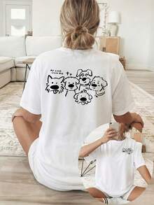 Women's Short-Sleeved Crew Neck T-Shirt, Personalized [Double-Sided Print], Suitable For All Seasons, Comfortable, With Five Cartoon Puppy Designs And English Text, Versatile Clothing, Comfortable Material, Short-Sleeved T-Shirt, For Fashion Enthusiasts - Unisex Urban Vintage Style Loose Cotton T-Shirt. - 白色 - 查看 7