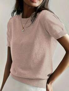 Camiseta de punto de manga corta de unicolor y peso ligero para mujer, top de verano minimalista en rojo - Rosa marrón - Ver 8